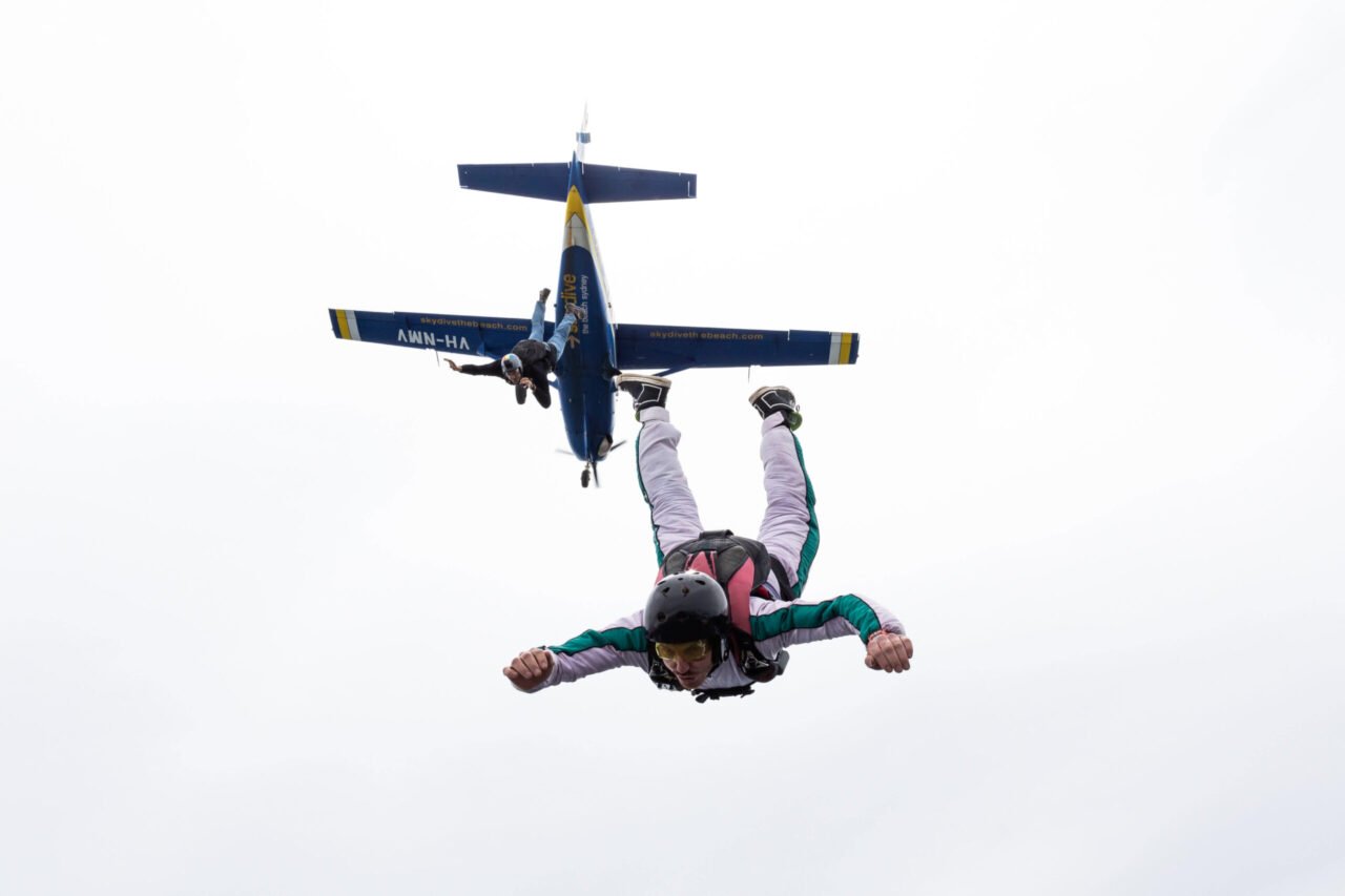 Student skydiver in a stable freefall position during an AFF course over Hillman Farm, Darkan