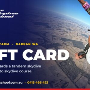 The Skydive School gift card with a tandem skydiver in freefall